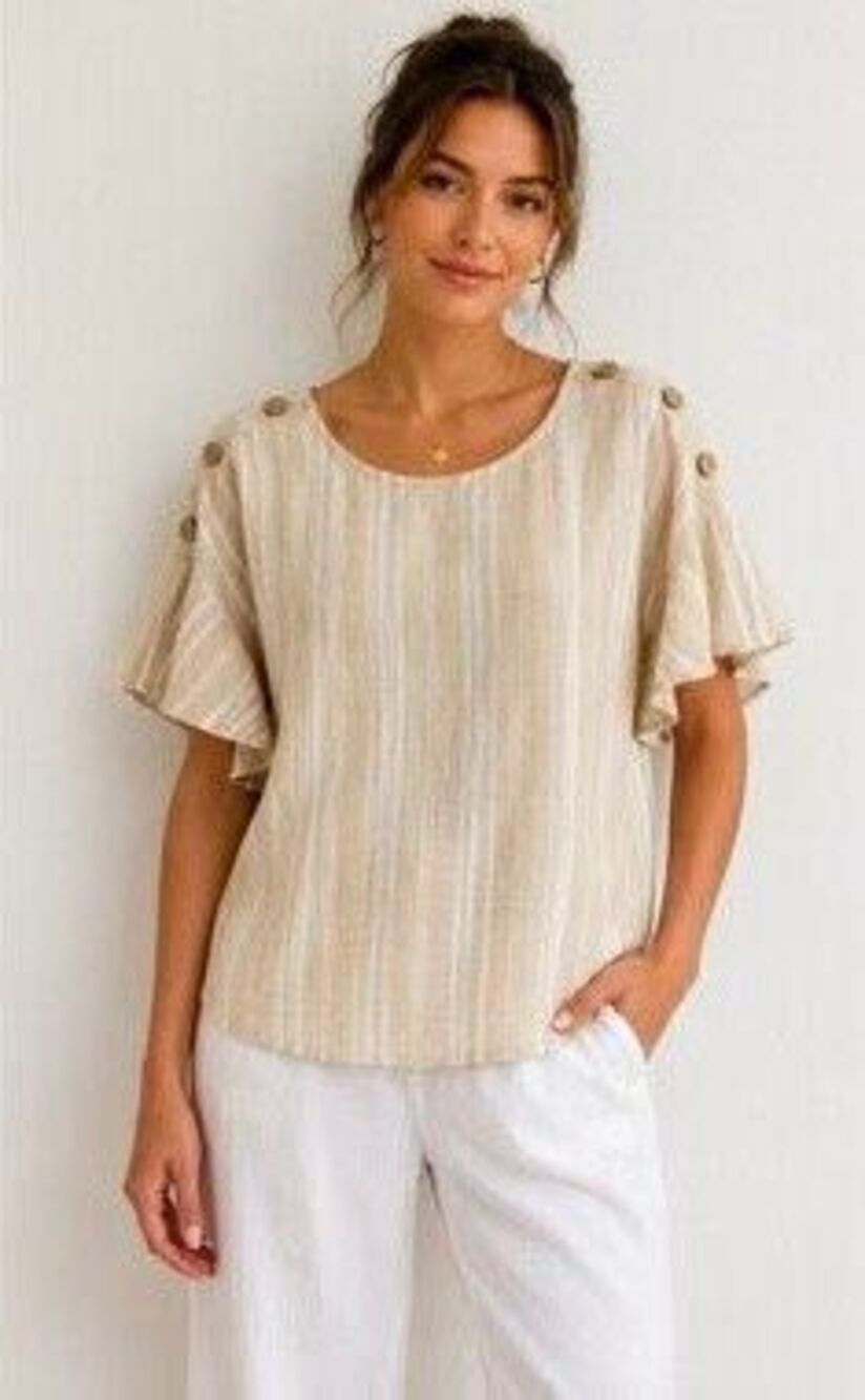 Ellen Tracy Womens Striped Linen Blend Button Shoulder Top Size Medium